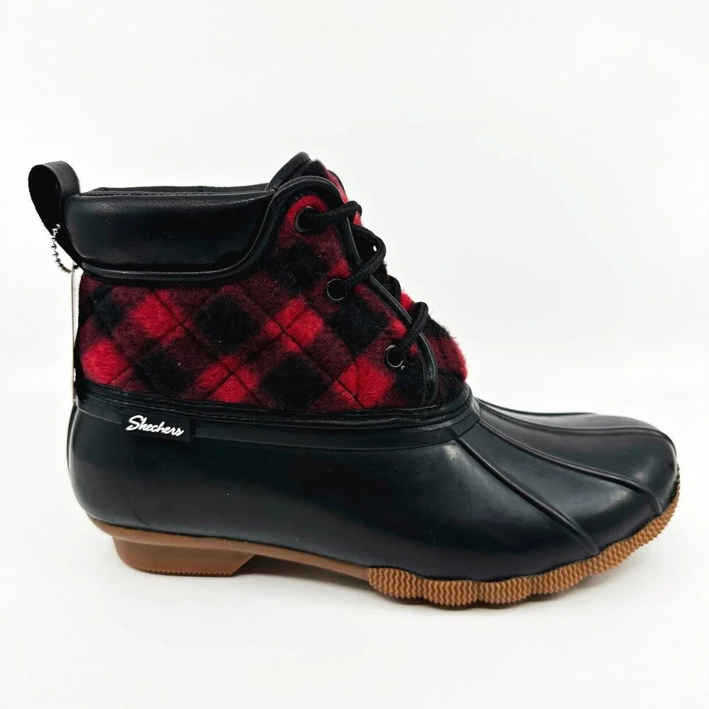 Skechers Pond Good Plaid Black Red Womens Size 7 Rubber Duck Boots